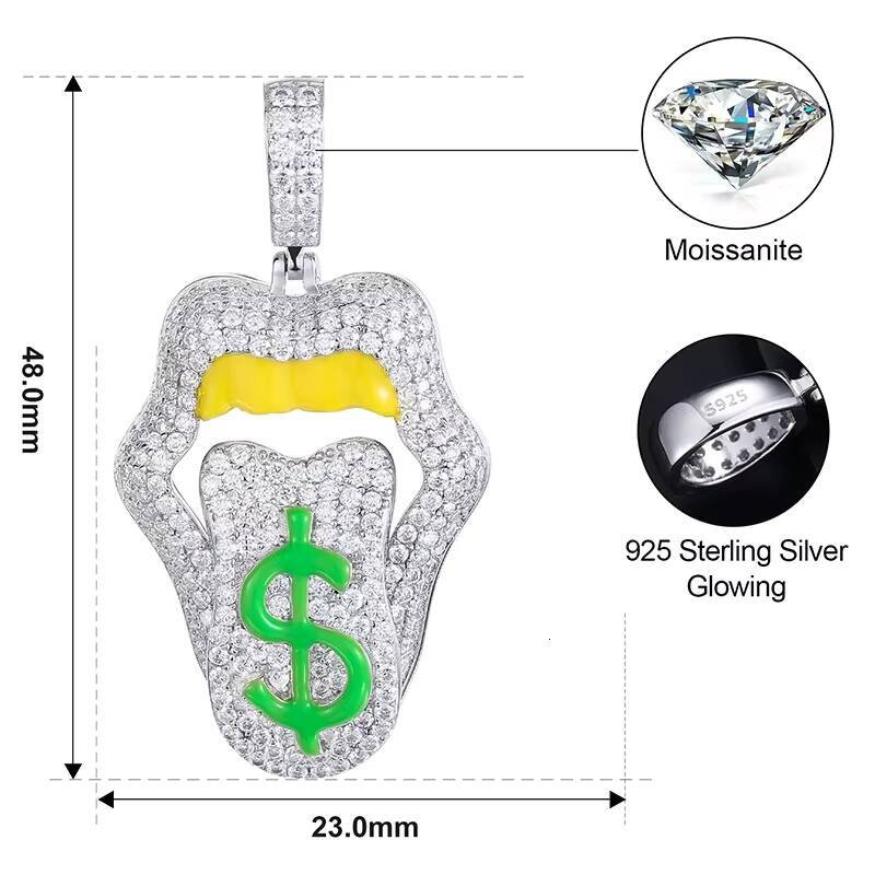 Hip Hop Style Iced Out Round Cut Moissanite Diamond Sexy Mouth Lip Dripping Money Dollar Pendant Necklace for Men Women