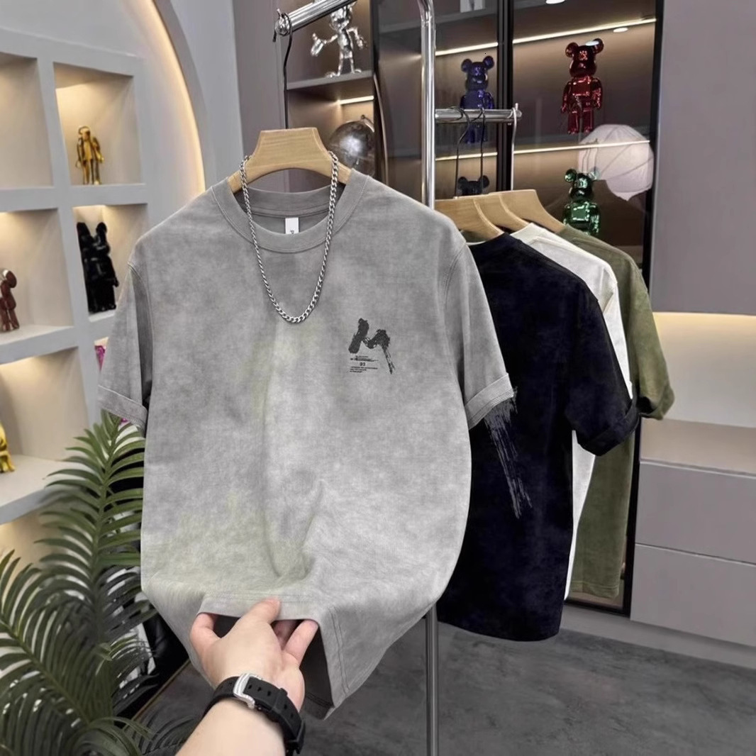 Luxury Brand Designer Clothes 2025 Summer New Washed Printed Letter Versatile Short Sleeve T-Shirt Men Hong Kong Style Trendy Ins Casual Loose Top