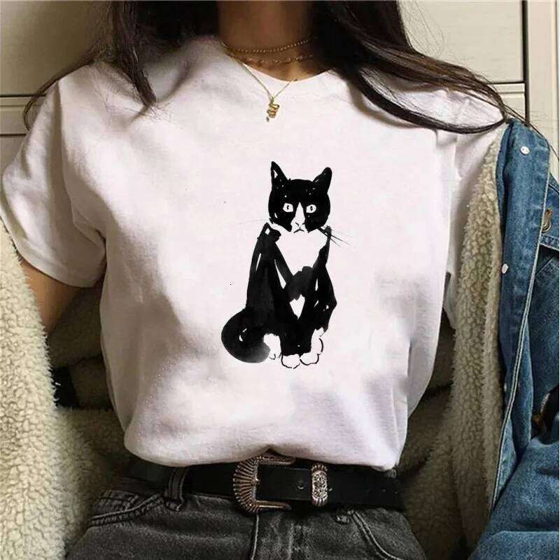 Beautiful Black Cat Print Harajuku T-shirt Casual Fun Cartoon Tops for Women Graphic XJ260306 XJ260306
