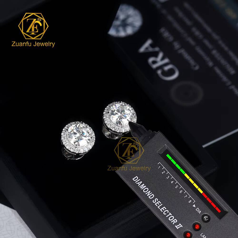 ZuanfoJewelry Eye Catching Round Shape Halo Earring D VVS 5/65/8MM Moissanite Earring Pass Diamond Tester 925Silver Gold Plated