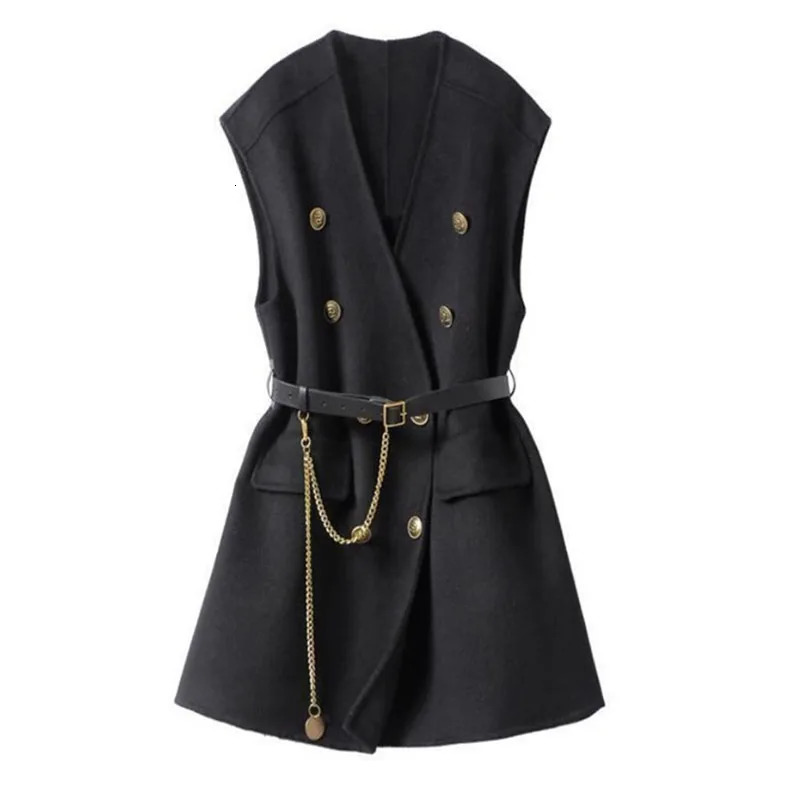 Fashion Women Woolen Vest Autumn Winter Waistcoat Jacket Casual Sleeveless Coat Female Outerwear Tops With Belt 260306