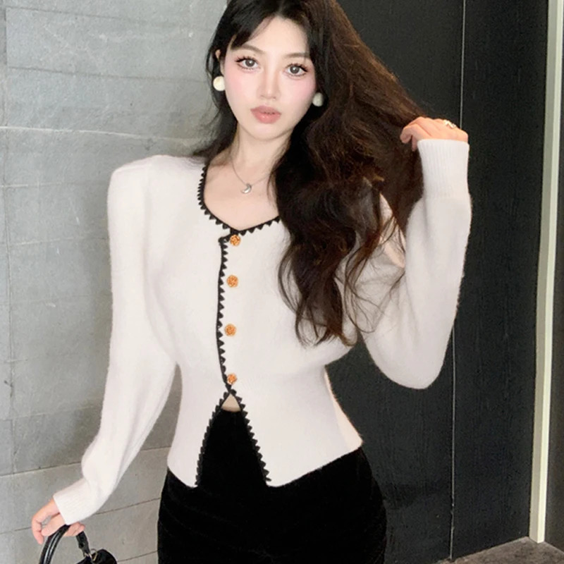 Womens French Fashion Square Neck Singlebreasted Slim Knitted Sweater Cardigan 260306