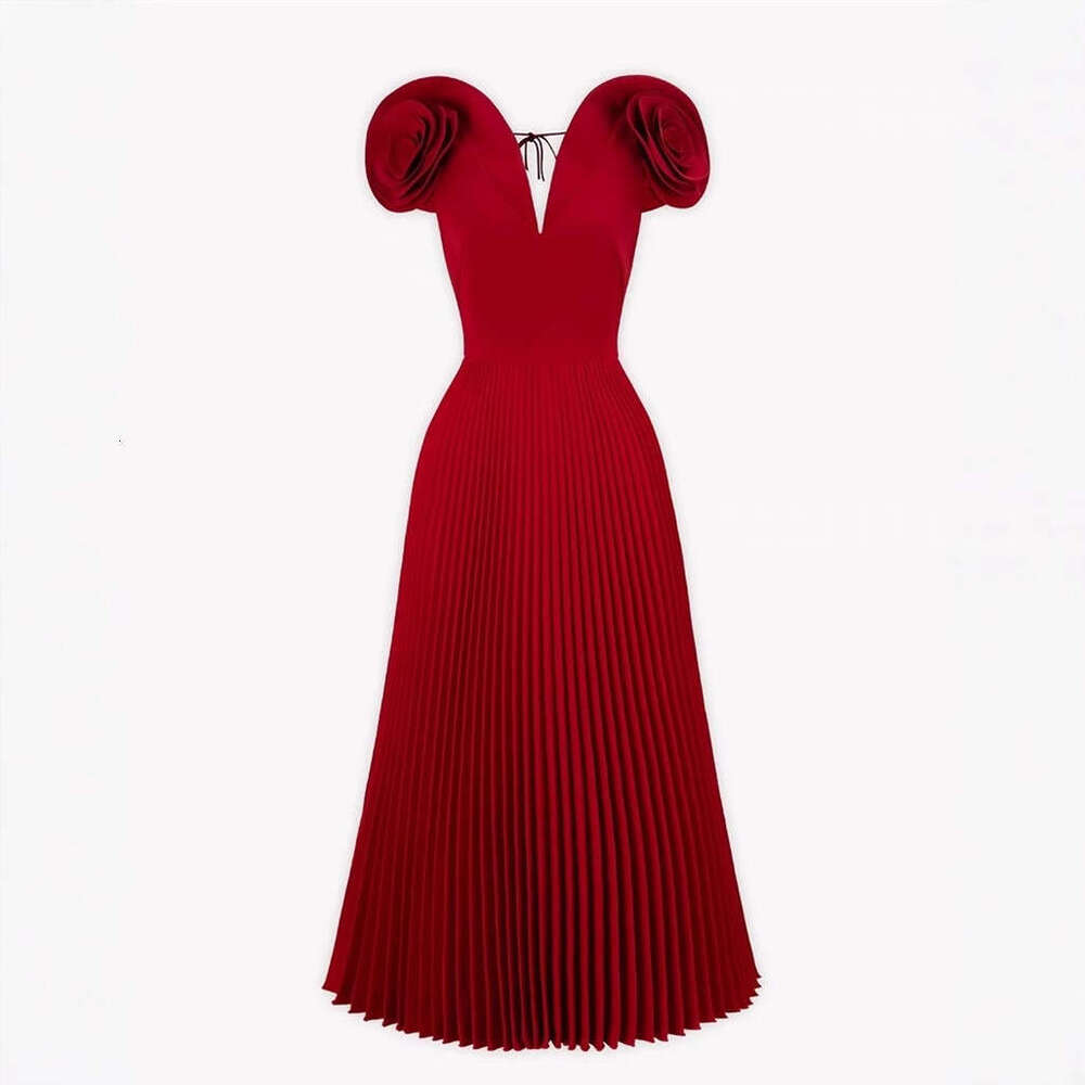 2026 spring and summer niche design A1 eye-catching three-dimensional flower V-neck elegant solid color pleated long dress evening gown