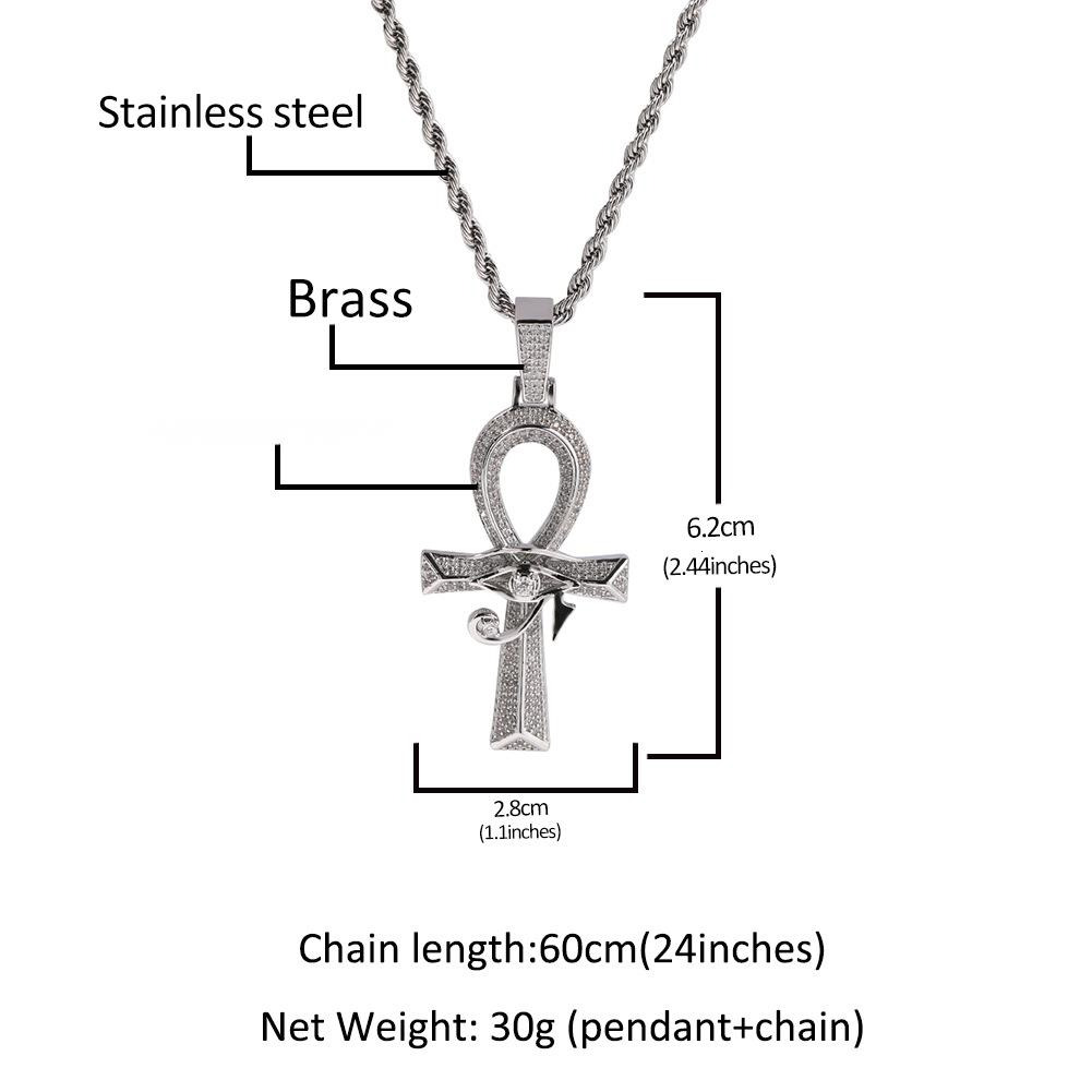 Hip Hop Ancient Cute Spring New Horus Eye Ankh Cross Pendant Retro Copper Diamond Rope Chain All-match Accessories C0006