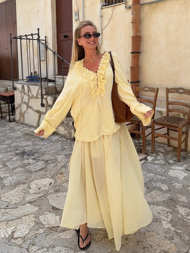 HH Female Elegant Sets Light Yellow VNeck Long Sleeves Tierred Decoration LaceUp ShirtsHigh Waist Skirt Women Suits 260306