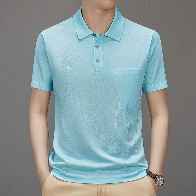 High End Mens Polo Shirts Casual Smooth Shiny Silk Short Sleeve Tennis Shirt Summer Business Dangling Mercerized Cotton T-shirt 260305