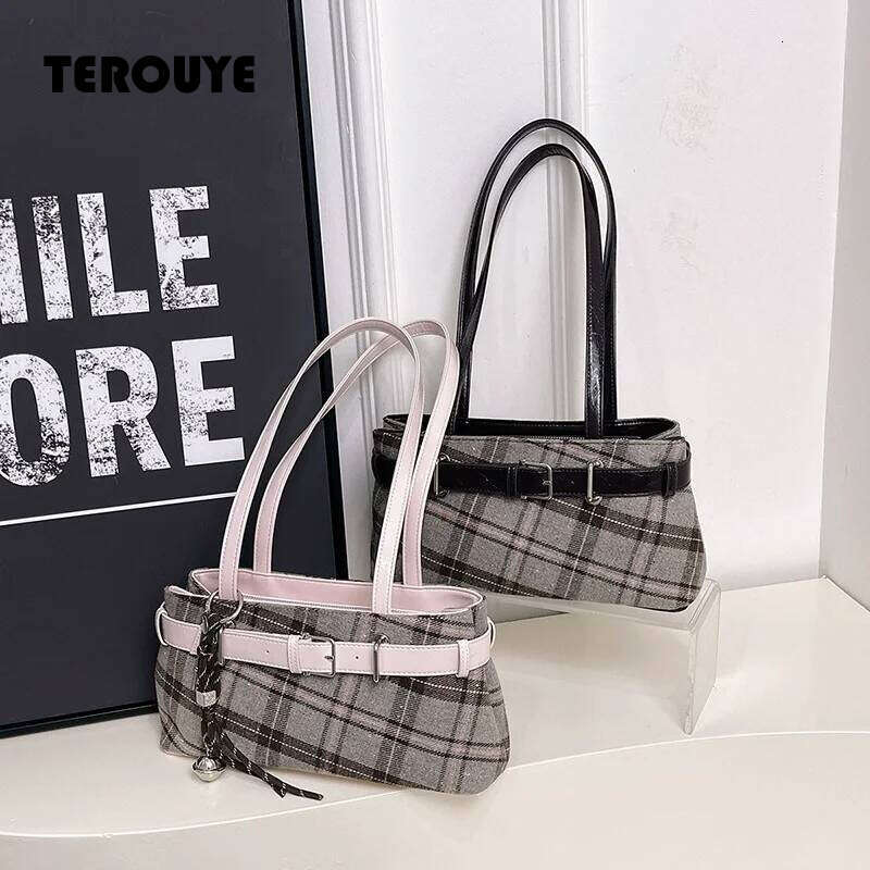 Fashionable Retro Soft PU Leather Checked Shoulder Large Capacity Hot Sale Bags For Women Zipper Cloth Women's Handbags TEROUYE