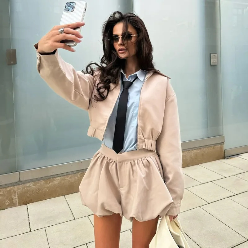 Tuularose Womens 2 Piece Fashion Lapel Zip Jacket Pleated Shorts Suit Vintage Streetwear Party Autumn Female Short Sets 260306