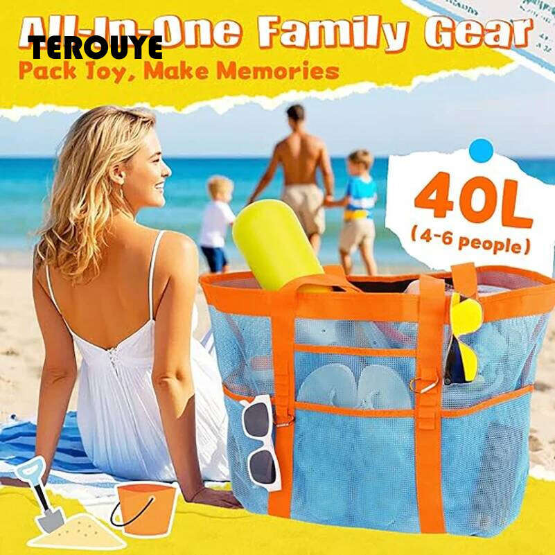 Large Ladies Colour-Blocked Foldable Mesh Tote Lightweight Spacious Beach Bag For Sunbathing Gym TEROUYE