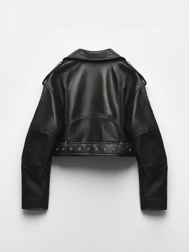 Ailegogo Spring Autumn Women Faux Pu Leather Short Jacket with Belt Motorcycle Biker Female Zipper Lapel Loose Coat Outwear 260306
