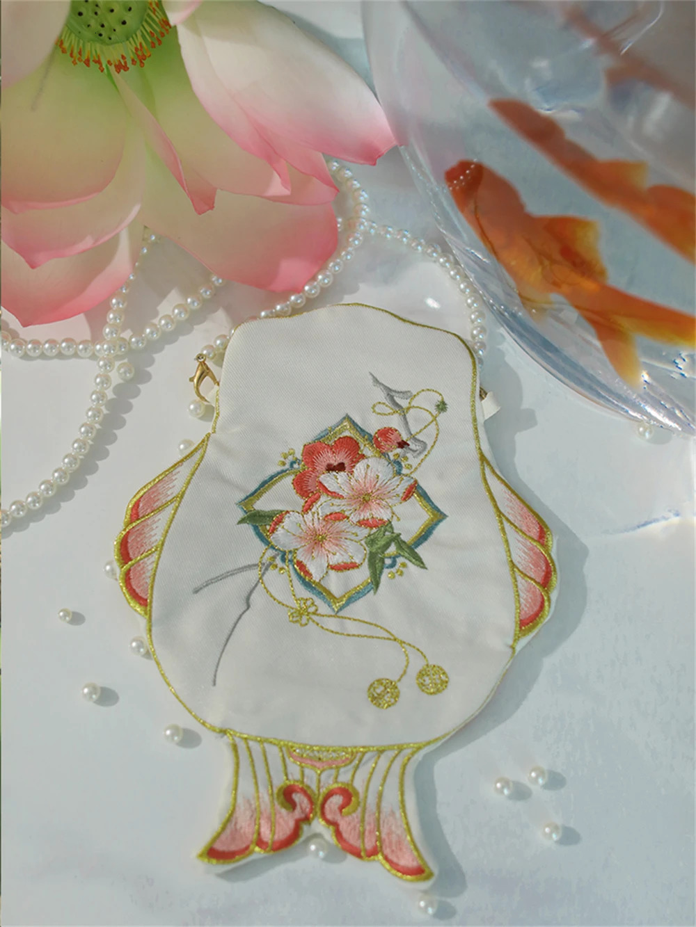1pc Ancient Style Goldfish Satchel Women Crossbody Hanfu Shoulder Bag Girl Twosided Embroidery Gift Costume Accessory 260307