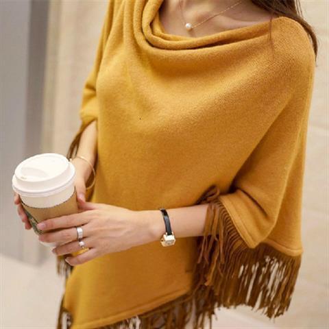 Asymmetrical batwing sweater loose tassel sweater mid-length cape shawl coat womens autumn and winter knitwear240904