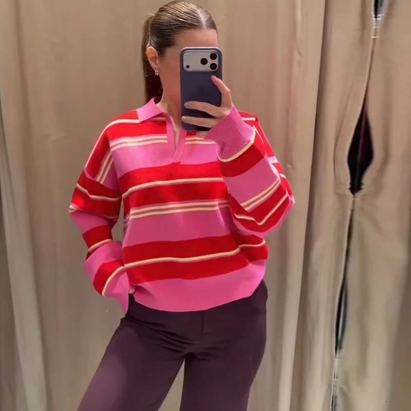Womens 2026 Knitted Striped Sweater Polo neck Pullover Spring Fashion Loose Elegant Warm Young Women Street Blouses 260306