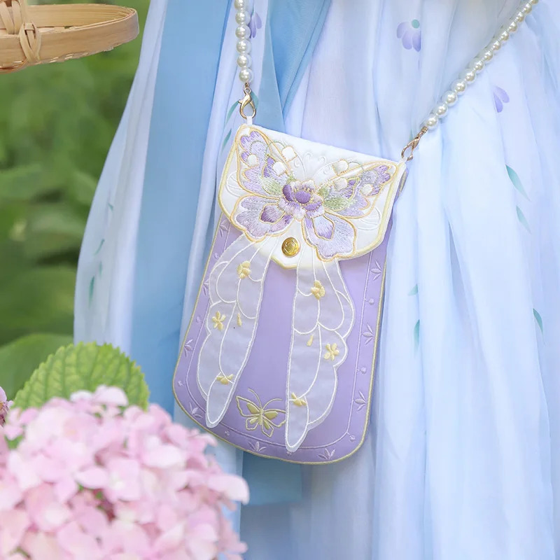 Hanfu Handbag Anime Cosplay Butterfly Pendant Purse Embroidered Bag Retro Chinese Style Fairy Pearl Chain Square 260307