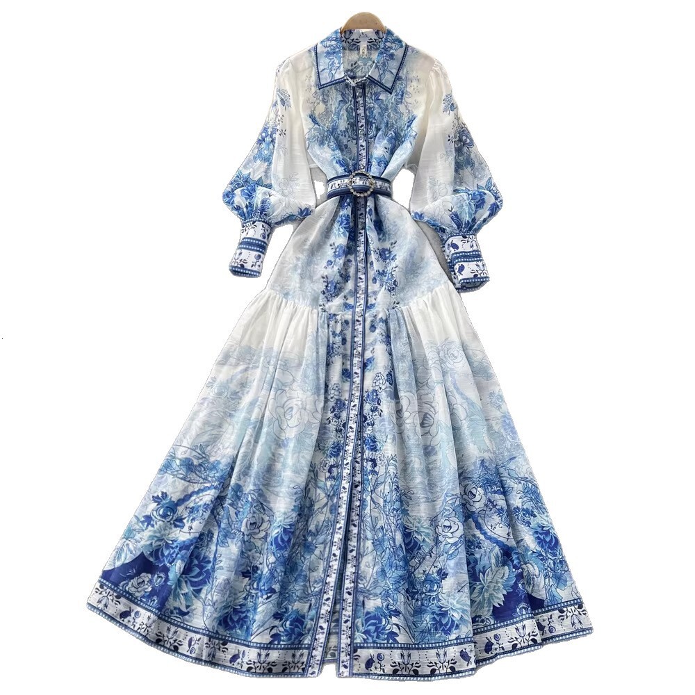 Palace-style Blue And White Porcelain Print Dress For Women Spring Long-sleeve Waist-cinching Slimming A-line Long Dress Elegant And Classy