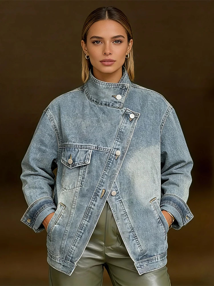 Women Stand Collar Denim Jacket Chic Long-sleeved Irregular Single Breasted Casual Loose Jackets 2026 Lady Commute Street Coat 260303