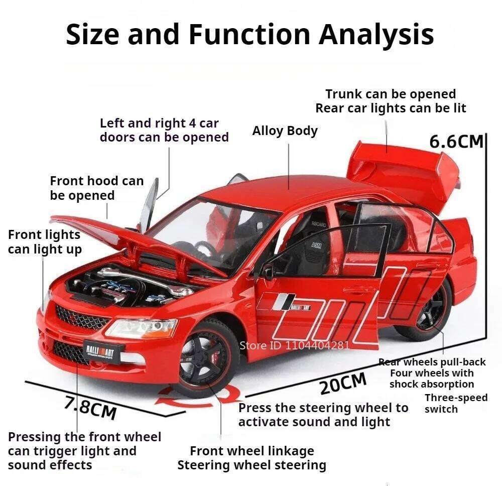 1:24 Mitsubishi EVO9 GTR R34 Sportscar Alloy Diecast Model Front Wheel Steering Sound Light Pull Back Vehcie Ornament Gift Z260307