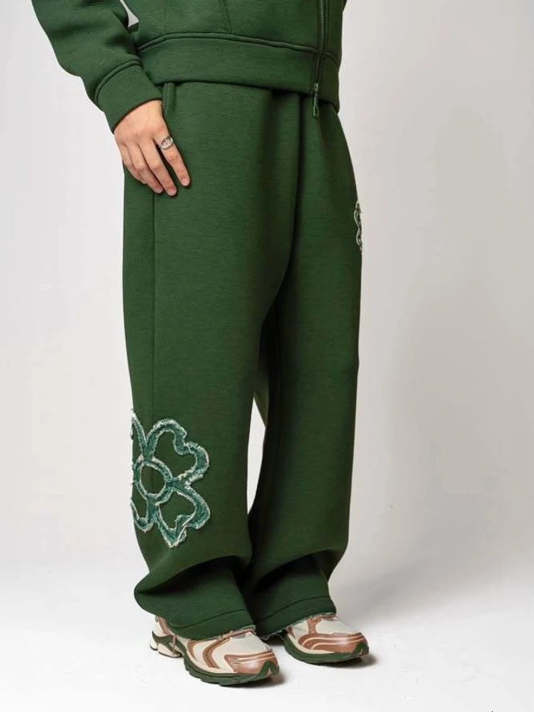 2026 fashion olive green embroidered zipper hoodie pants set mens street style fashion loose casual 2-piece sportswear 260228