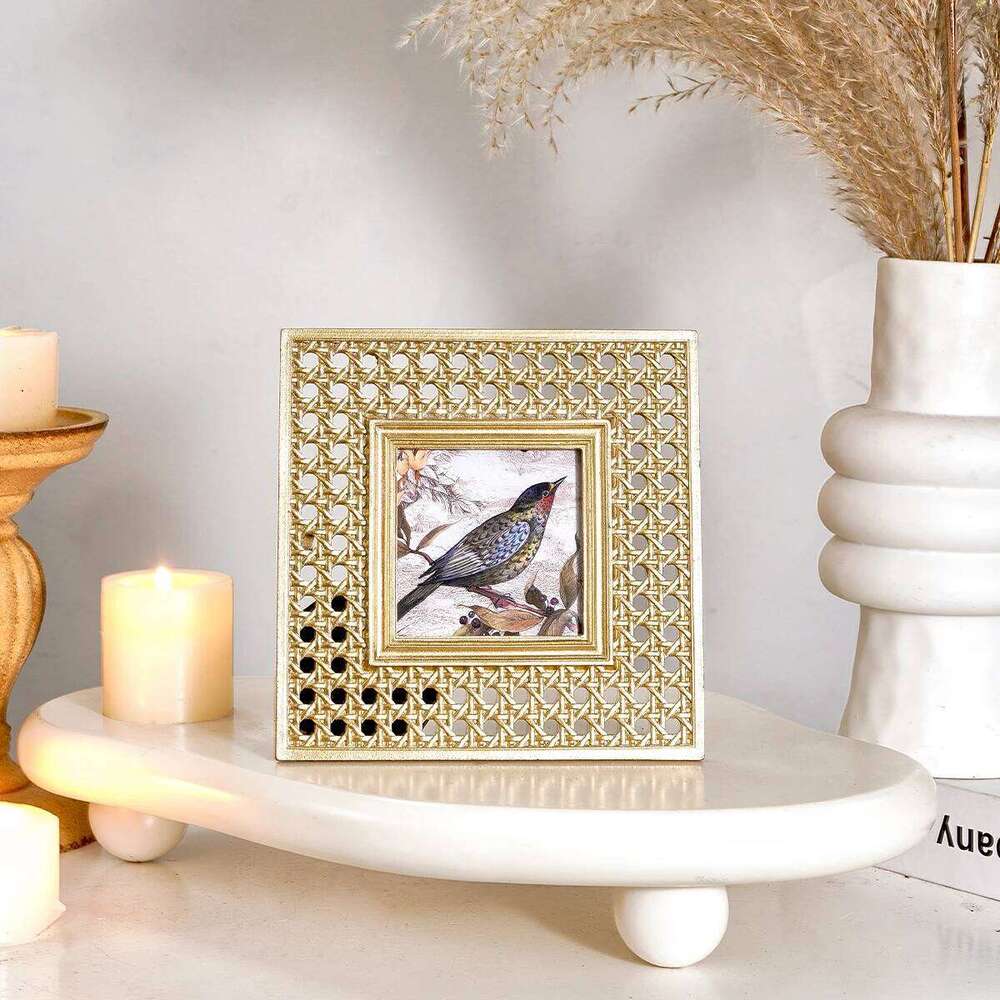 1PC, square decorative photo with a golden classic rattan weaving pattern frame decoration H260306