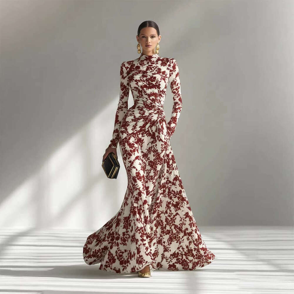 European American Spring And Autumn Fashion Women's Long-Sleeve Printed Pleated Long Elegant Gown Dress