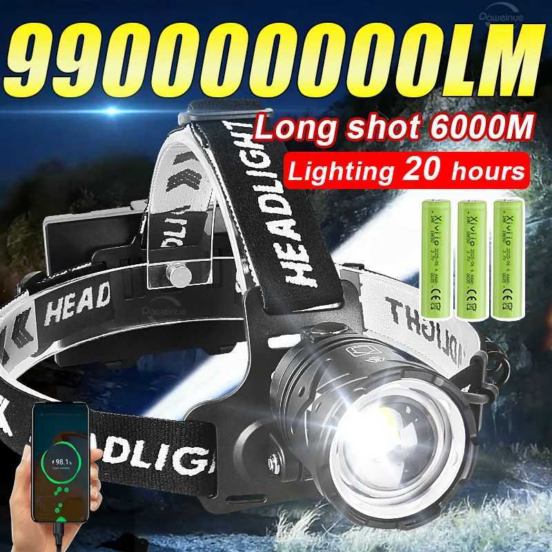 990000000LM Powerful Long Range LED Headlamp Fishing Light Headlight High Power Outdoor Head Lamp USB Rechargeable Flashlight H260307