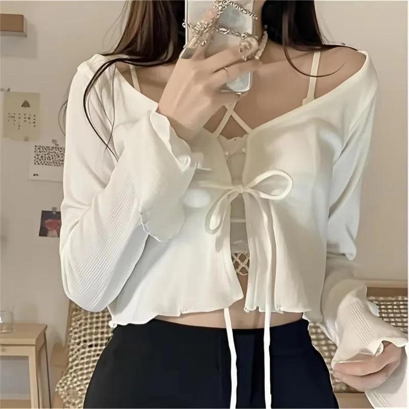 White Knitted Cardigan Women Summer Thin Sunscreen LaceUp Knitwear Tops Female Korean Style Flare Sleeve Short Lovely Coat 260306
