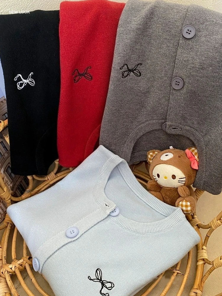 Fashion ONeck Singlebreasted Tops Korean Style Bow Embroidered Knitted Cardigan Women Autumn Winter Solid Full Sleeve Sweater 260306