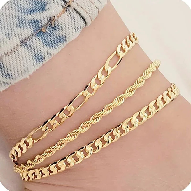 Waterproof Ankle Bracelets for Women Girls 14K Gold Plated STAINLESS STEEL Cuban Link Figaro Rope Snake Anklets Foot Jewelry 260304