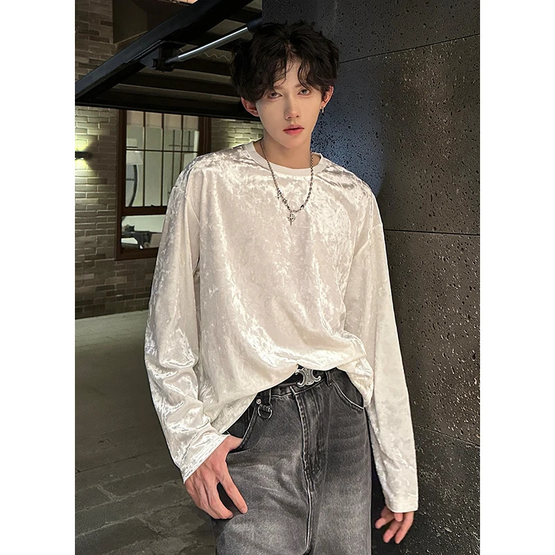 men vintage velvet long sleeve t shirt Crew neck hip hop casual tees tops man autumn harajuku velour streetwear camisetas 260302