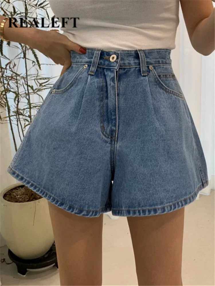 REALEFT High Waist Washed Womens Denim Wide Leg Shorts Summer Buttons Casual Female Blue Jeans Trouses Pockets 260306
