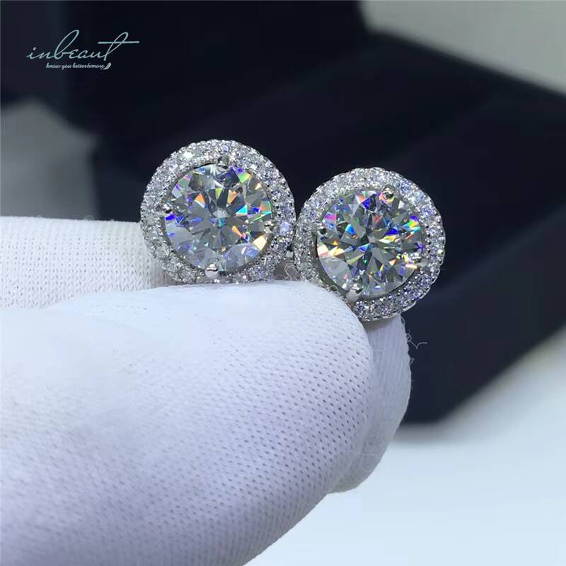 Silver 925 Original Total 6 Carat Round Brilliant Cut Pass Diamond Test D Color Moissanite Wedding Stud Earrings Fine Jewelry
