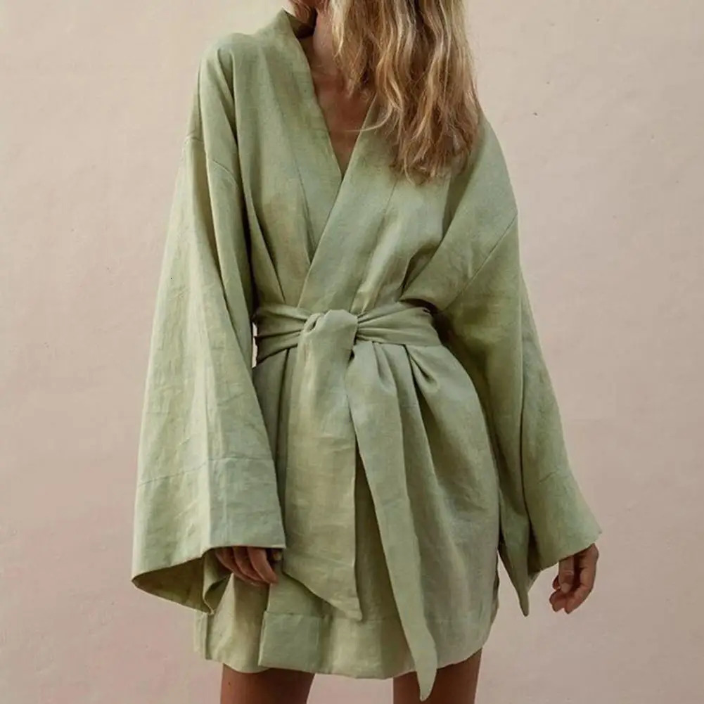 Long Sleeve V Neck Mini Dress Lace Up V Neck Belt Robe Style Short Shirt Dress Comfy Soft Chic Loose Hem Cardigan Dress 260306