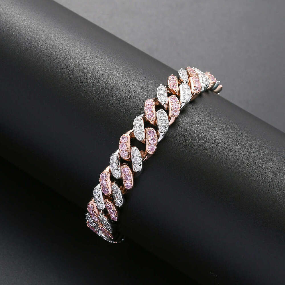 Direct sales from the source manufacturer: high-quality 12mm Cuban chain men's personalized hip-hop bracelet with zircon stones, pink white, Euro
