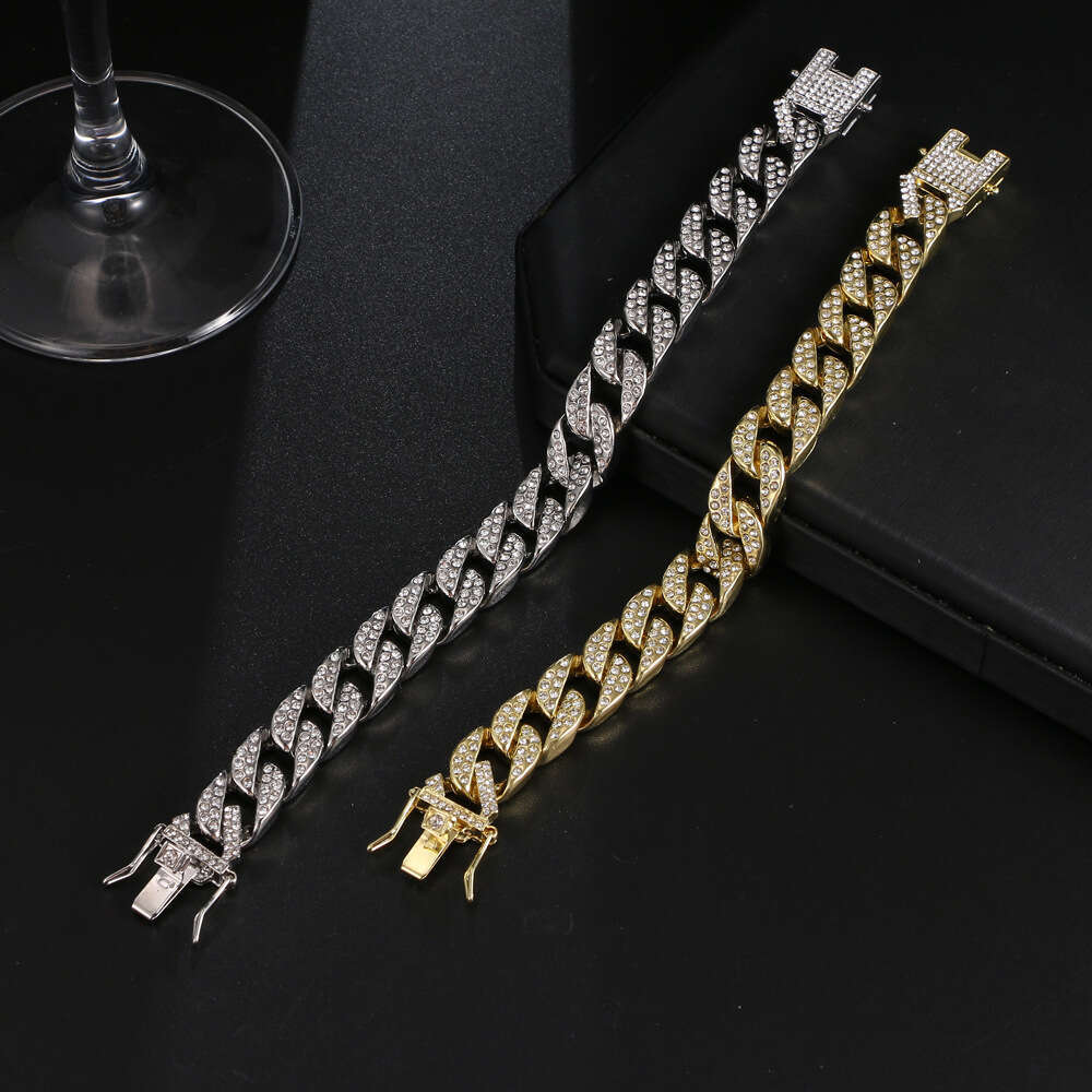 Cross-border European and American hip-hop zircon bracelet, 12mm double-row full-diamond Cuban chain, real gold-plated, high-quality men's bracel