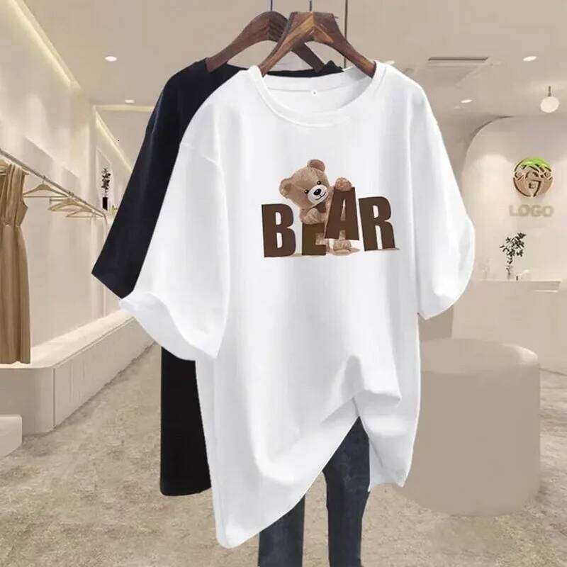 Summer Chic Letter Printing Bear T-shirt Women O-neck Short Sleeve Cotton Basic Top Tee Casual Loose Oversized Pullover 45-105Kg XJ260306