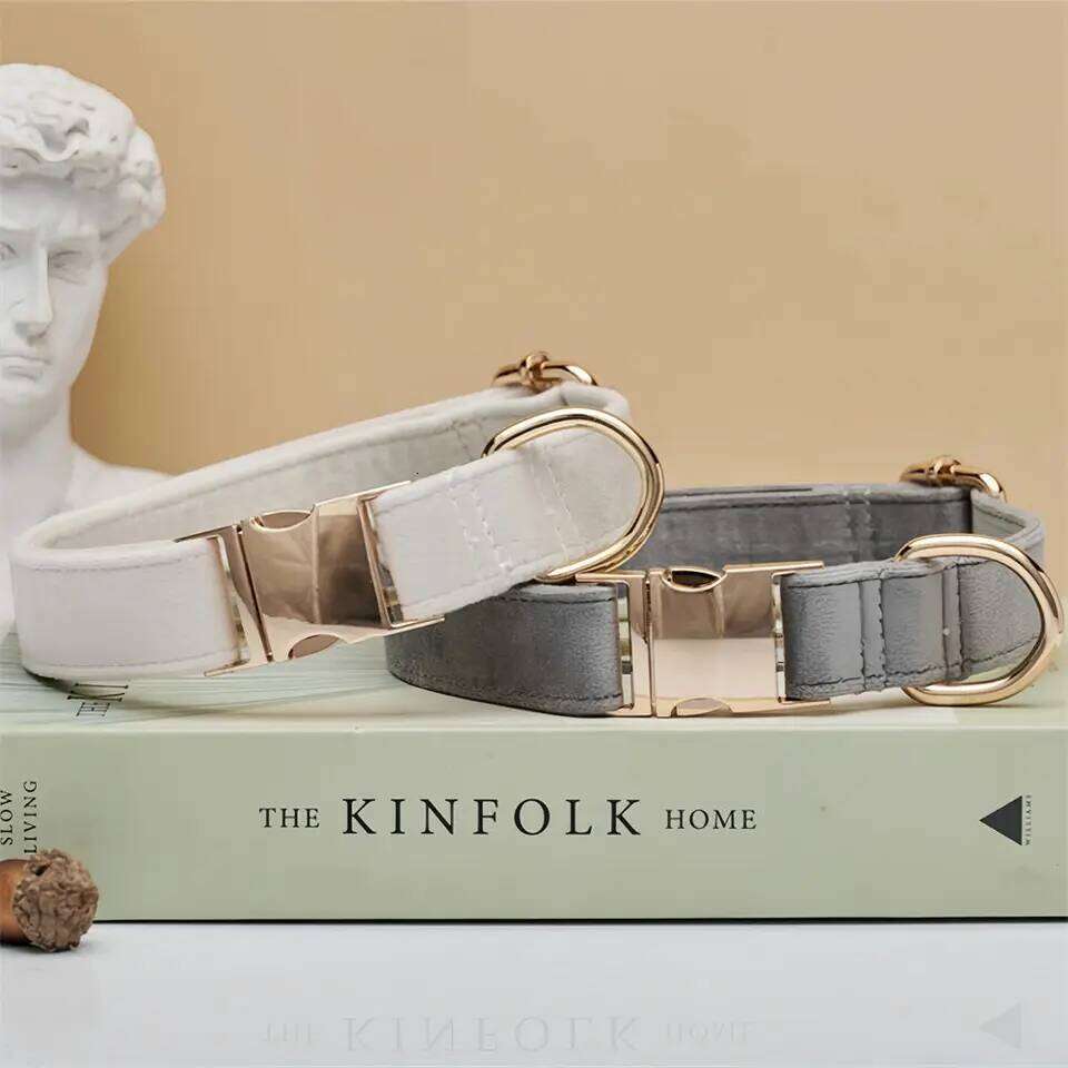 Multiple Colour Velvet Personalise Dog Collar Leash Set With Bow,Brown+Grey+White,Engraved Pet ,Wedding P Bamubi