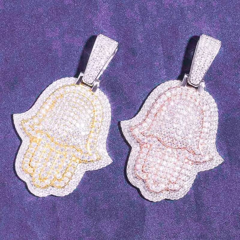 Hip Hop Iced Out Bling 925 Sterling Silver Pass Diamond Tester VVS Moissanite Cluster Lucky Hamsa Hand Pendant for Men