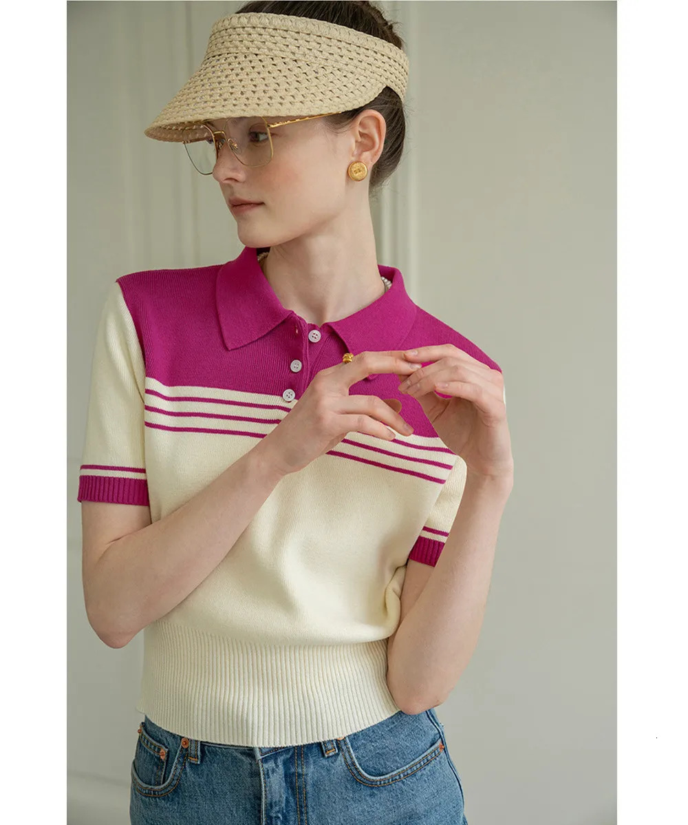 Spring Summer Womens Short Sleeve Polo Neck TShirt Slim Fit Knitted Wool Fashionable Casual Top for Ladies 260228