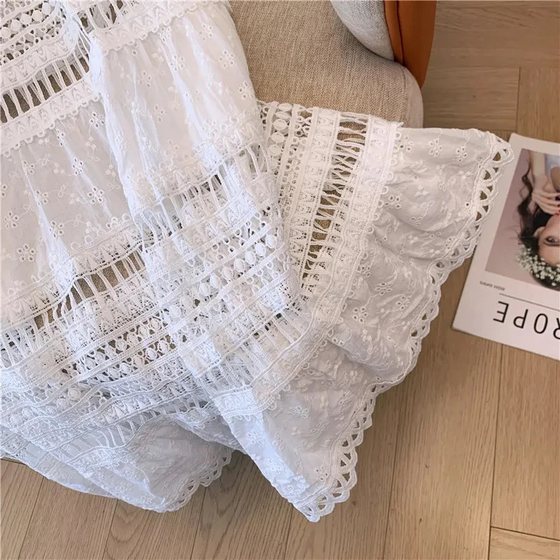 Embroidery Eyelet Cut-out Maxi Skirt White Cotton Semi Sheer Flowy Long Skirt Women Boho Summer Vacation Fairycore Outfit 260306