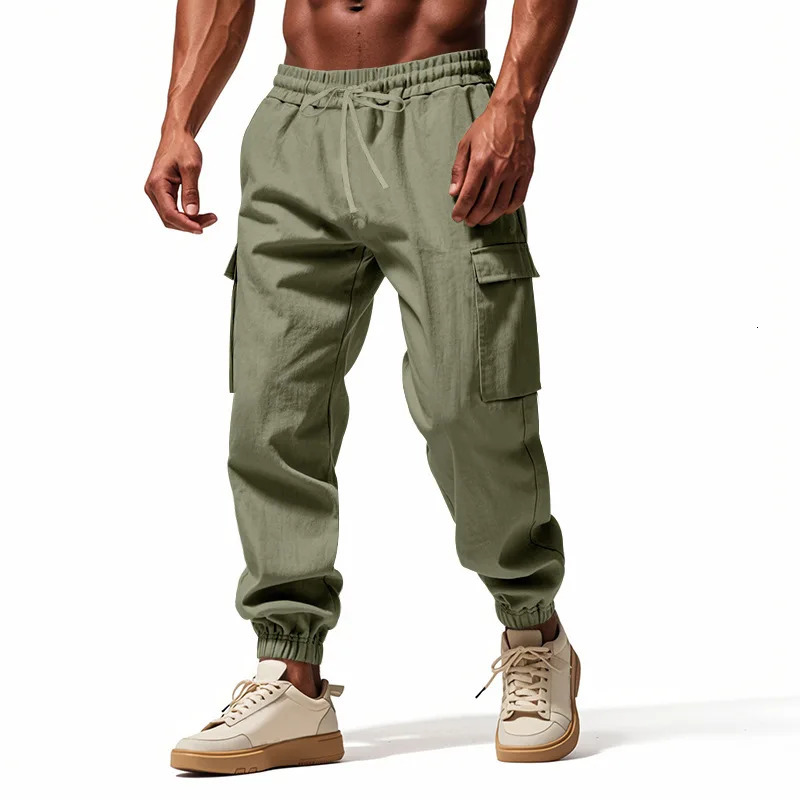 2026 mens casual multi-pocket trousers male closed-placket tethered cotton and linen straight-leg leggings Men Mens 260305