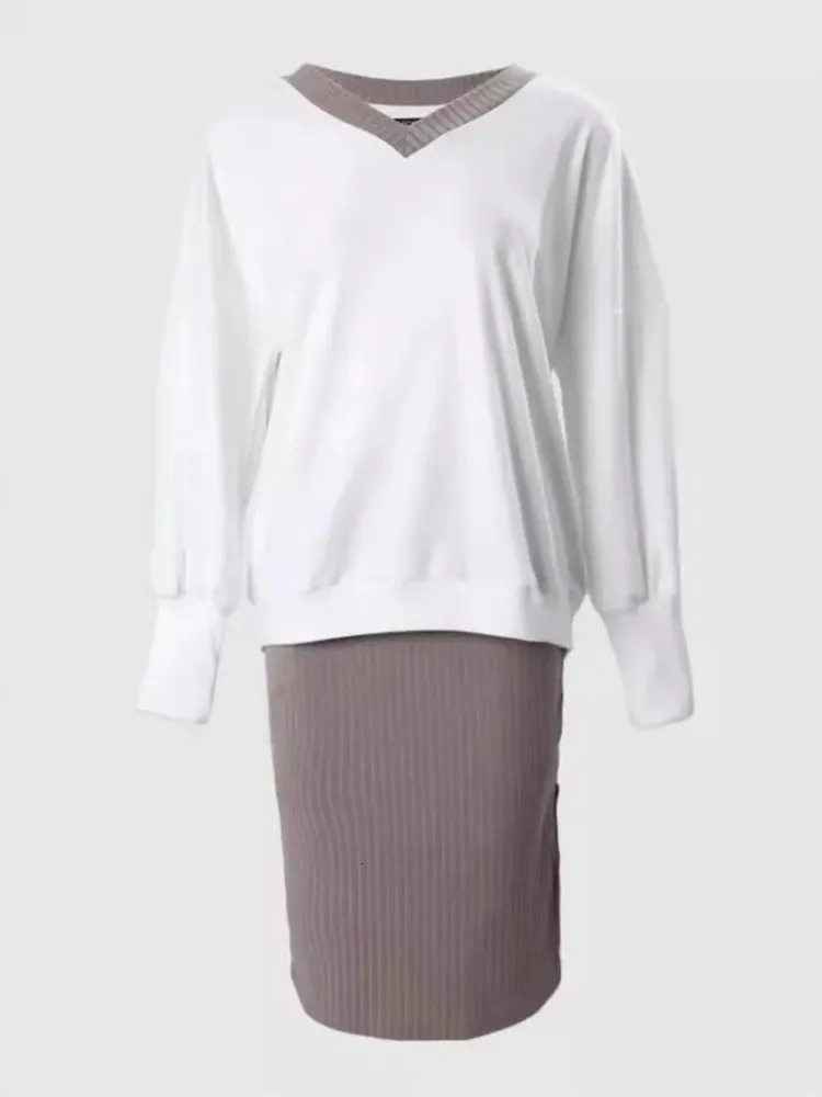 Autumn Winter Casual Loose V-neck Sweatshirt Suit Womens Tight Skirt Long-sleeved Top Two-piece Set Fashion Holiday Sets 260304