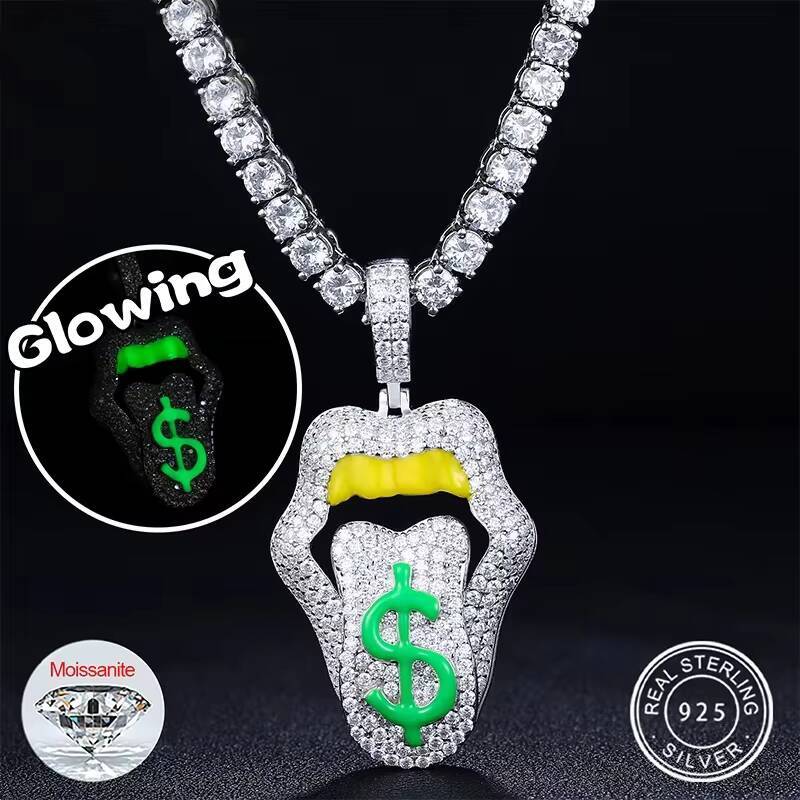 Hip Hop Style Iced Out Round Cut Moissanite Diamond Sexy Mouth Lip Dripping Money Dollar Pendant Necklace for Men Women