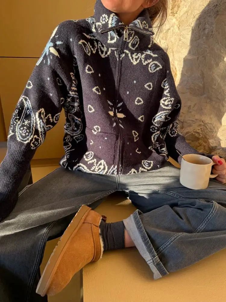 Vintage Knit Jacquard Stand Collar Women Cardigan Zipper Full Sleeve Pockets Loose Sweater 2026 Spring Lady Soft Knitwear 260306