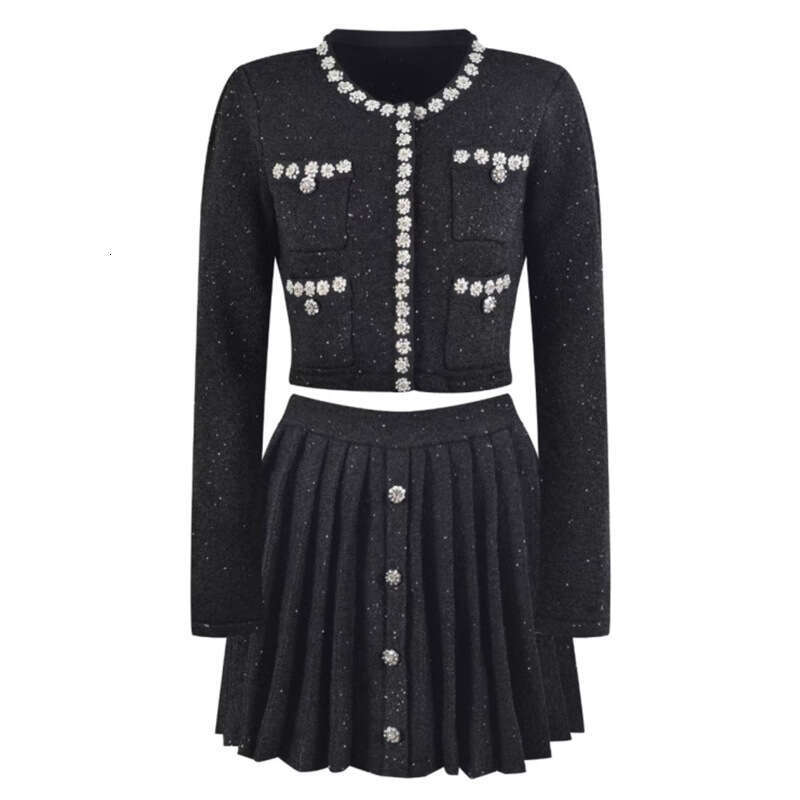 2026 autumn a3 and winter designer fashionable and elegant sequin diamond button short jacket and pleated skirt set