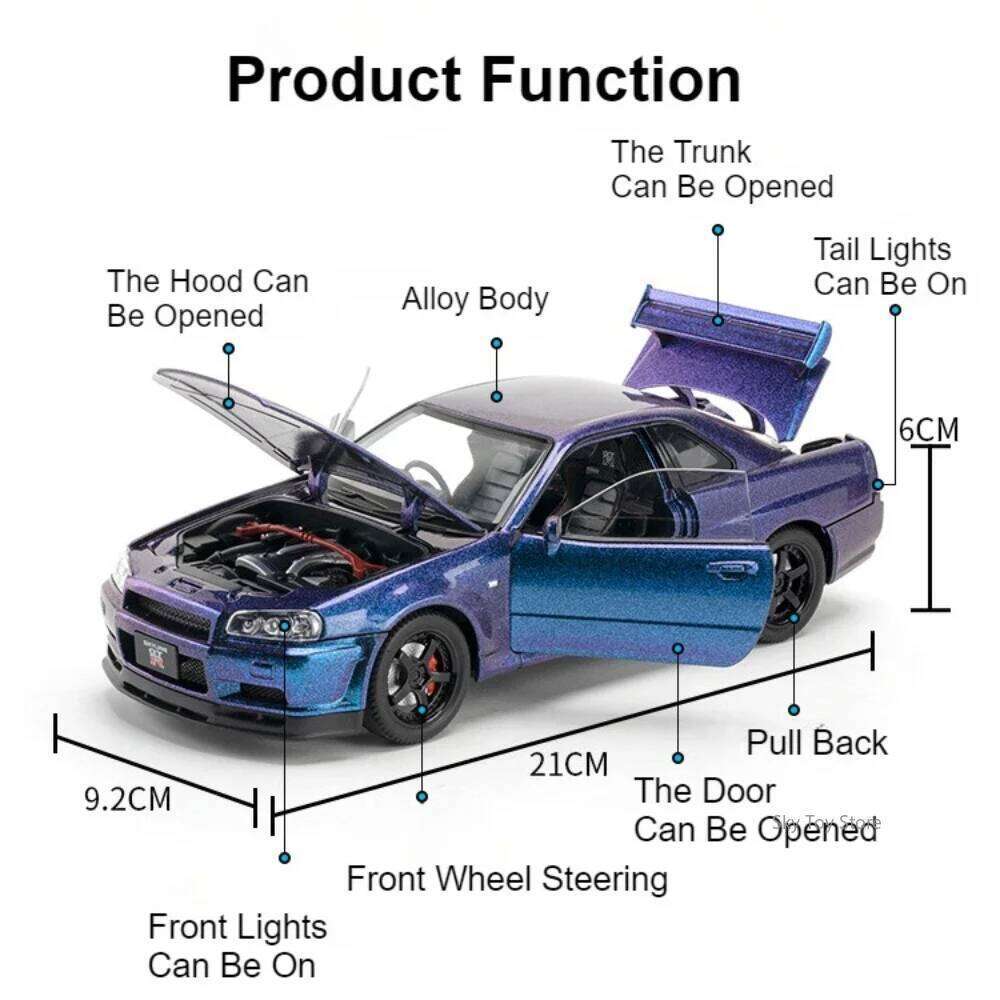 1:24 GTR-R34 Alloy Car Diecast Model Toys Front Wheel Steering with Sound Light Pull Back Miniature Vehices Kids Christmas Gifts Z260307