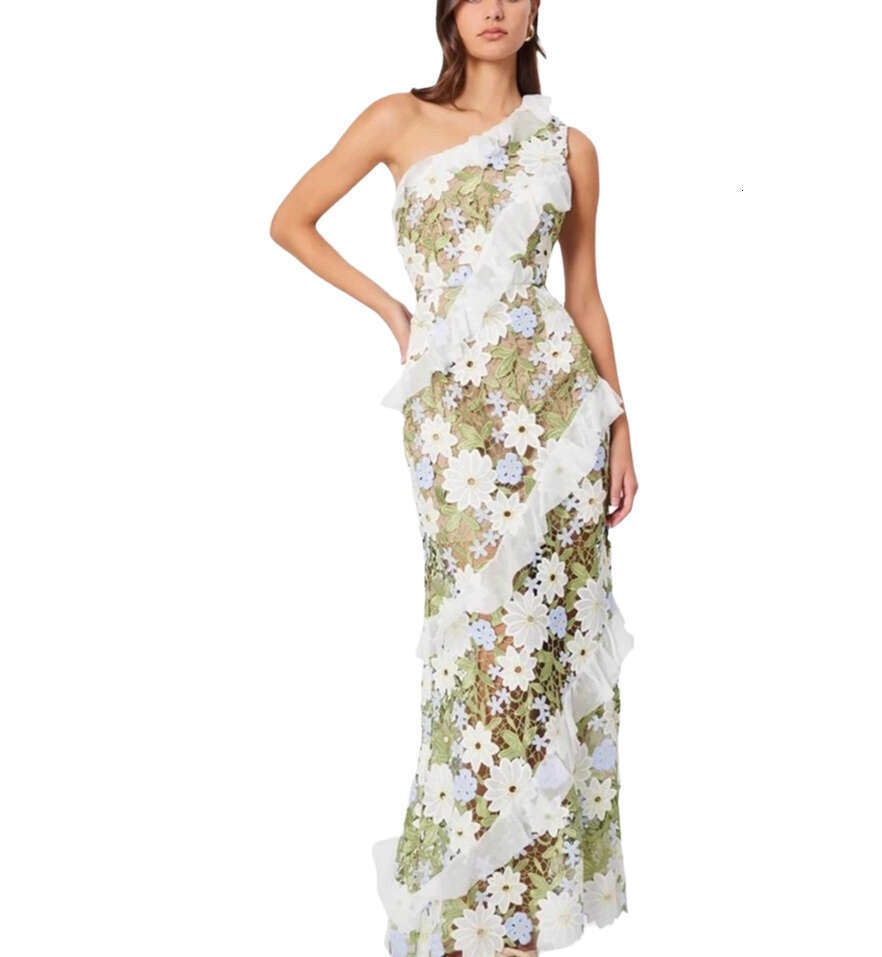 2026 Spring and Summer Fashion Brand Design a2 Single Shoulder Sleeveless Colorful Flower Lace Slimming Long Dress