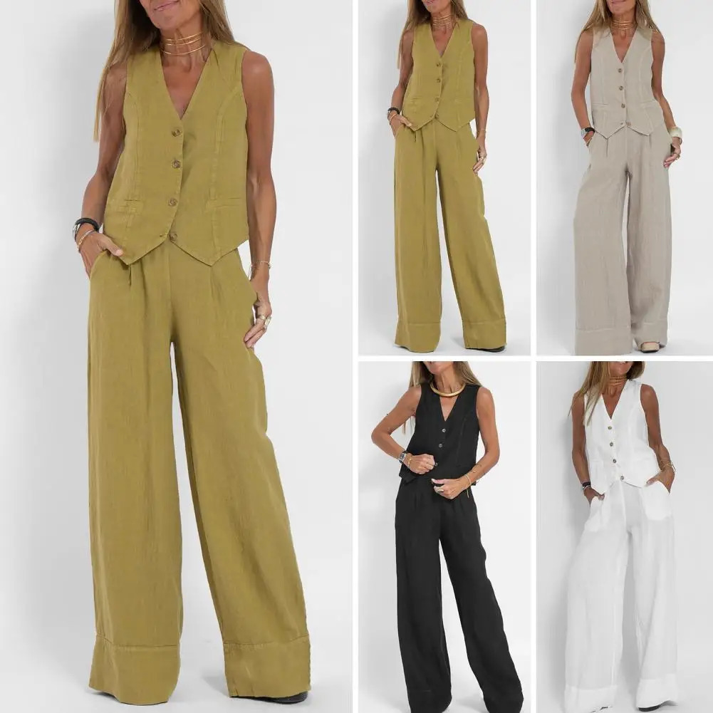 Autumn White Linen Two Piece Set For Women Fashion Sleeveless Tank Top In Matching High Waist Wide Pants Set 260304