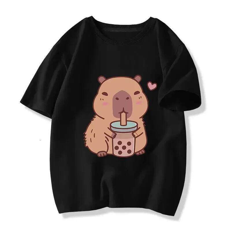 2025 Funny Capybara with Turtle Loves Bubble Milk Tea Printed T Girls/Boys Kawaii Kids Clothes Harajuku Shirt Tops XJ260306 XJ260306