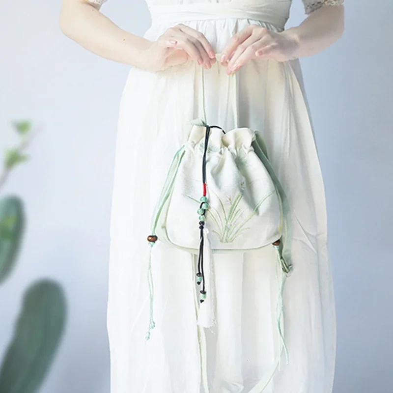Chinese Style Womens Drawstring Bag Vintage Flower Embroidery Hanfu Handbag Street Fashion Girls Bucket Shape Shoulder 260307