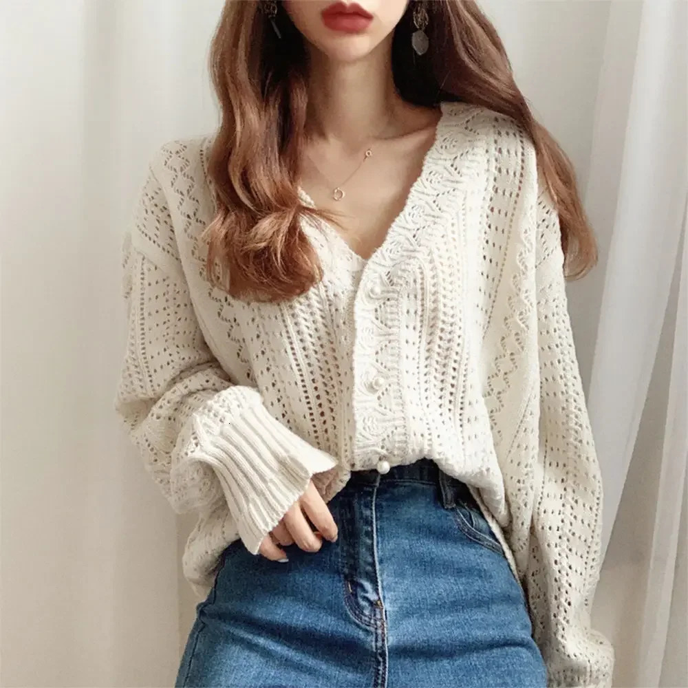 Women Spring Summer Sweater and Cardigans Low V-Neck Knit Tops Long Sleeve Hollow Out Sexy Cardigan Loose White Tops 260305